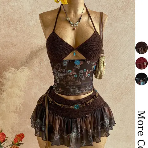 Ladies' Retro Paisley Printed Two Piece Knit Set, Bohemian Hanging Neck Strap Top + Half Skirt Set, American Retro Y2K, Ethnic Style Splicing Mesh Hot Girl Set, Suitable for Casual, Vacation, Date Wearing in Spring, Summer, and Autumn