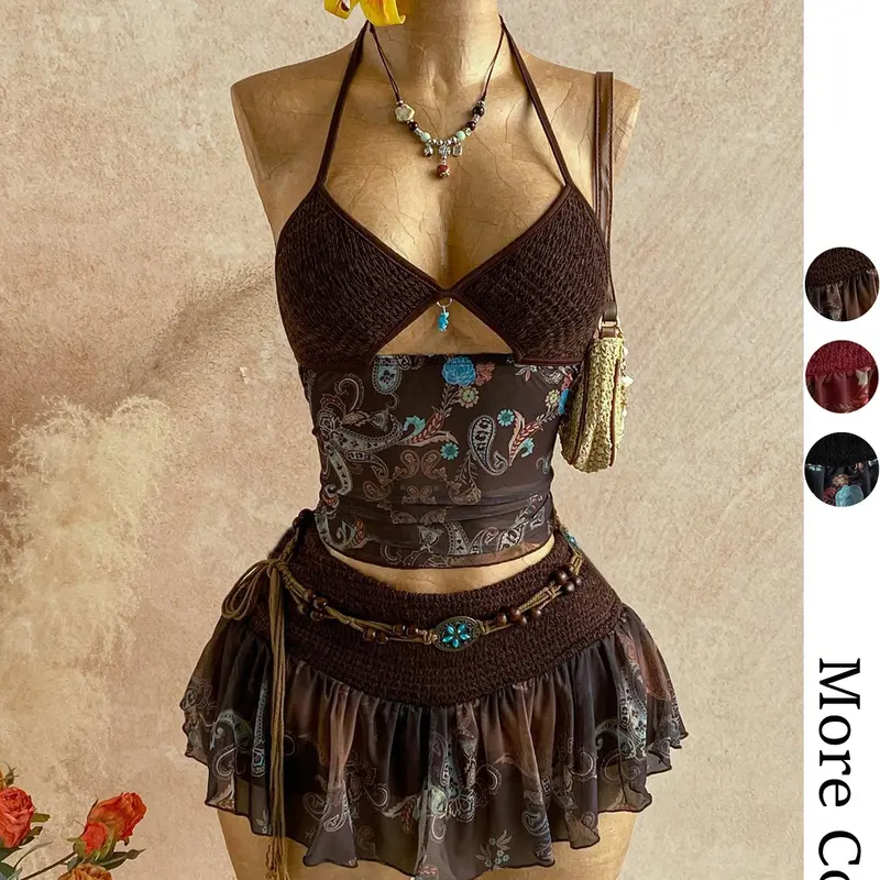 Ladies' Retro Paisley Printed Two Piece Knit Set, Bohemian Hanging Neck Strap Top + Half Skirt Set, American Retro Y2K, Ethnic Style Splicing Mesh Hot Girl Set, Suitable for Casual, Vacation, Date Wearing in Spring, Summer, and Autumn