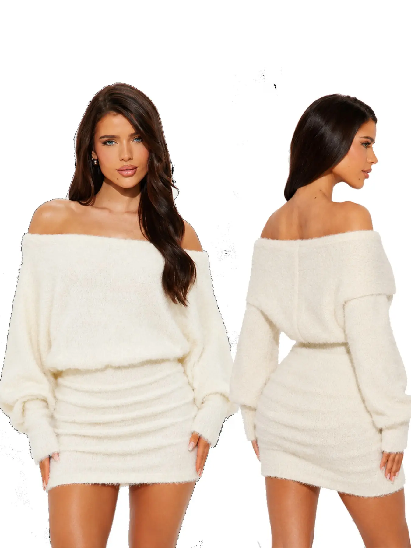 Women’s Fall Winter Off Shoulder Knit Dress, Elegant Long Sleeve Bodycon Mini Dress, Soft Fuzzy Sweater Dress, Slim Fit Casual Chic Feminine Outfit
