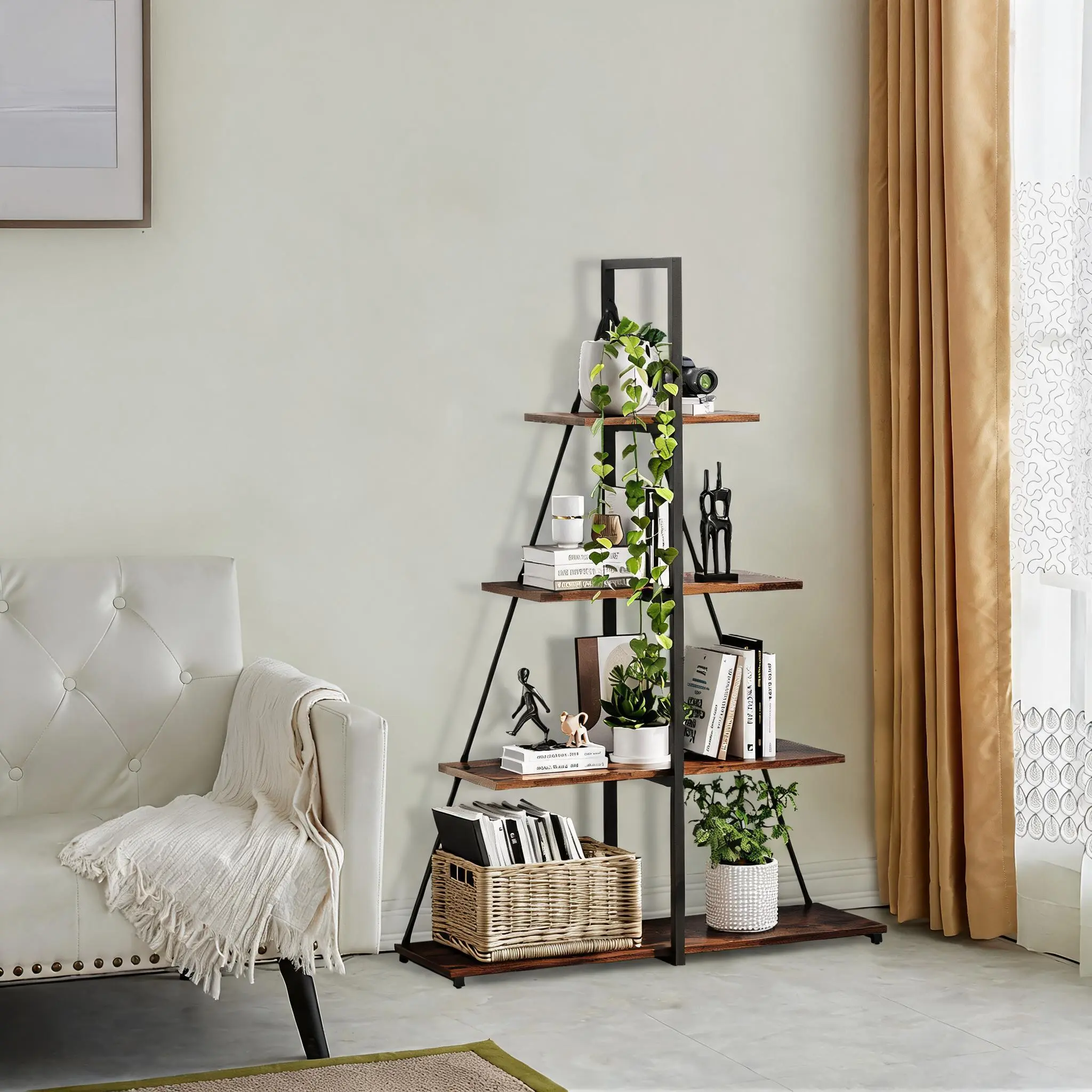 Modern 4-Tier A-Frame Ladder Bookshelf – Freestanding Bookcase & Display Shelf – Metal Frame, Rustic Brown/White Shelves – Storage for Living Room, Bedroom, Home Office, Christmas Decor