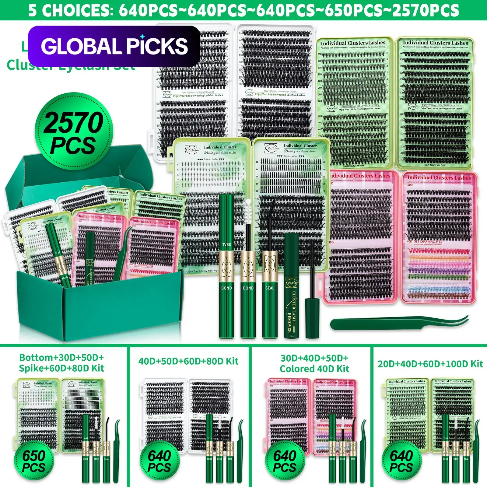 2570/650/640Pcs Cluster Eyelash Extensions Set, Spiky Eyelash Clusters, D Curl, 10 Styles Colored, Spiky & Wispy Lashes with Bond & Seal, Lash Remover & Lash Applicator, for Beginners & Pros, Easy DIY at Home, Easy to Apply for Daily Makeup #GLOBAL PICKS