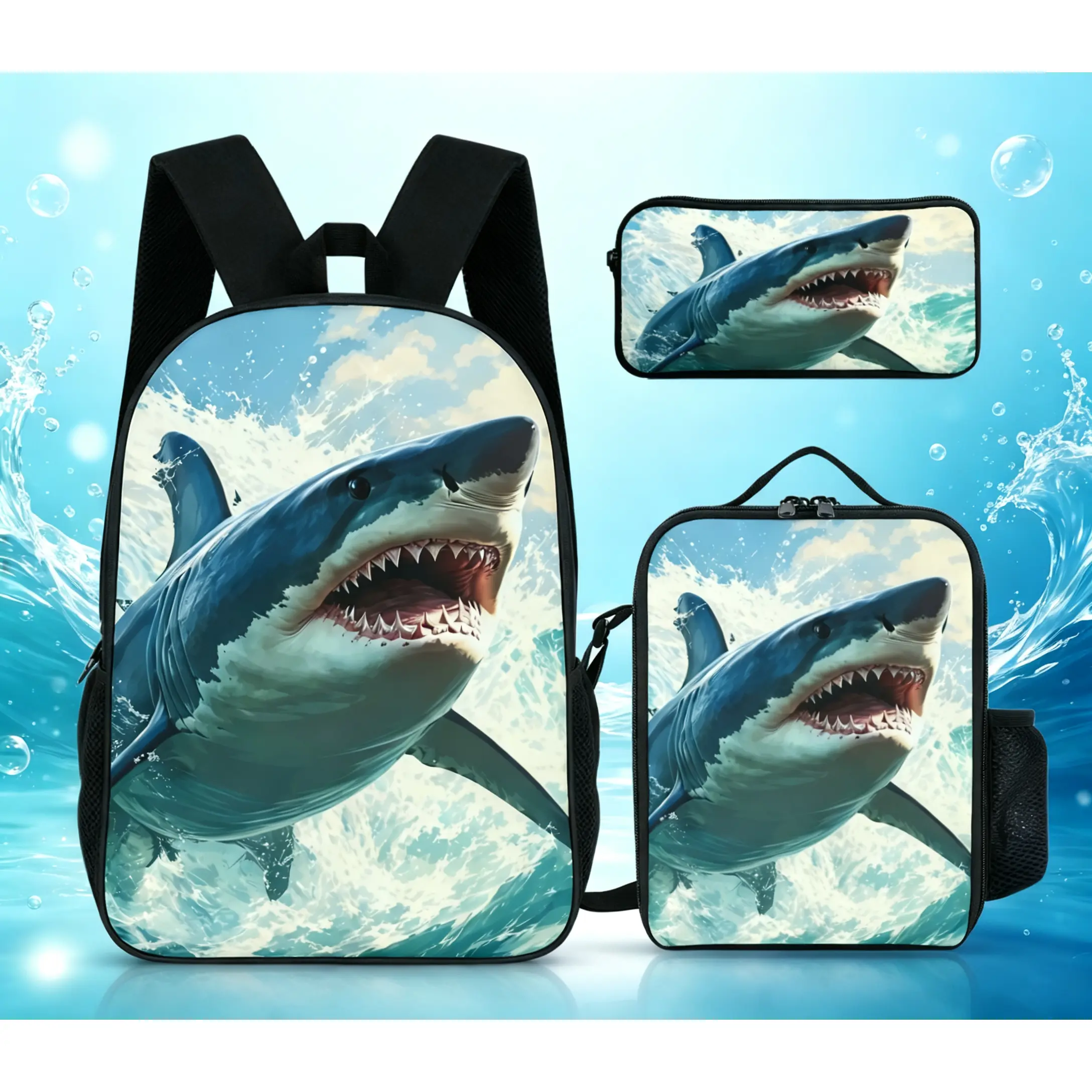 Personalized Backpack, Lunch Bag & Pencil Case Set, Kids Great White Shark School Bookbag and Lunch Box, Back to school gift three piece backpack set