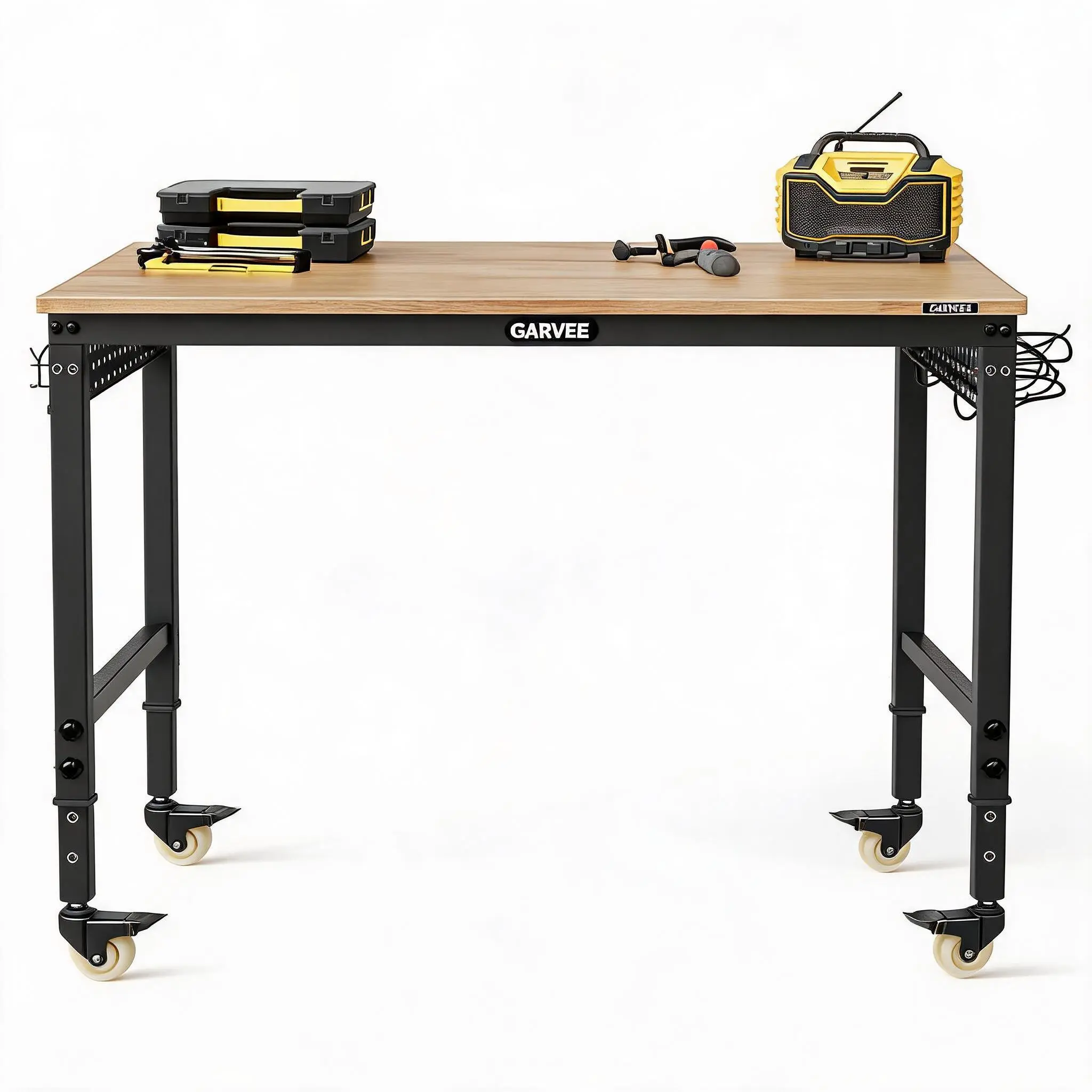 Heavy Duty Rectangular Workbench, 48x24in Single Unit - 2000lb Capacity, 6-Level Height Adjustable, Solid Rubberwood Top, ETL Power Outlets, Swivel Casters, Pegboard & Hooks, Ideal for Garage, Workshop, Workshop Tools
