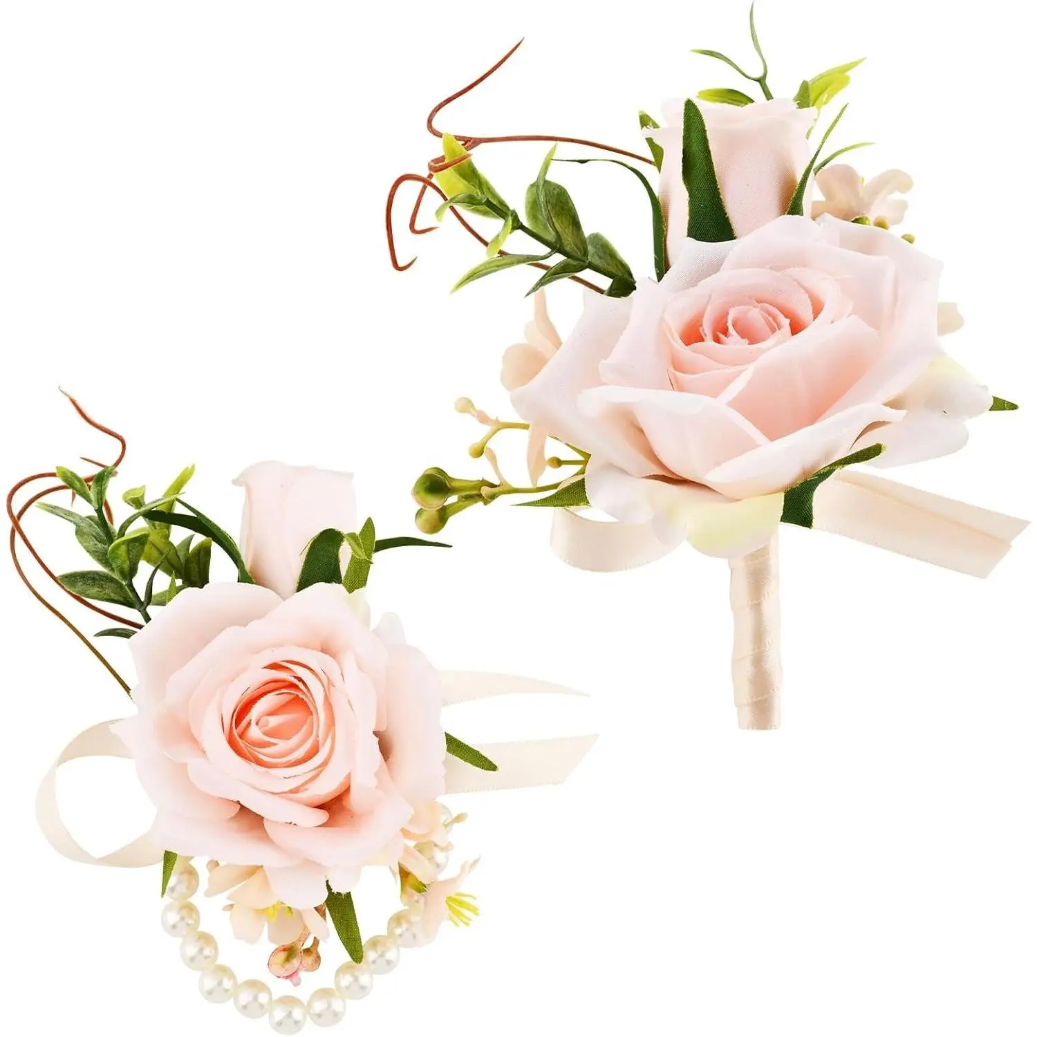 Couples' Lightweight Formal 2-Piece Fade-Resistant Wrist Corsage and Boutonniere Set - Classic Blush Pink Artificial Roses with Pearl Wristlet for Beach, Outdoor Wedding, Prom Fashion Accessories