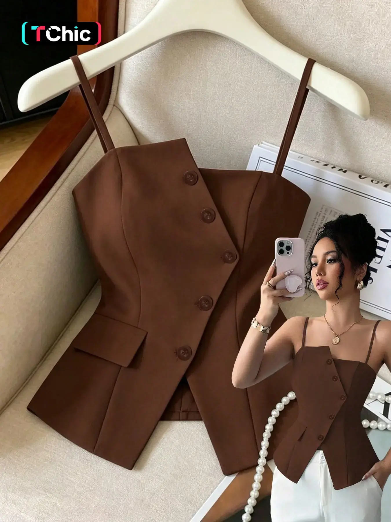 New Multicolor Asymmetric Halter Top, Stylish and Versatile, Office and Casual Summer Sleeveless Wear, Waist Cinching Slimming Effect, Fashionable Tank Top, Asymmetrical Top