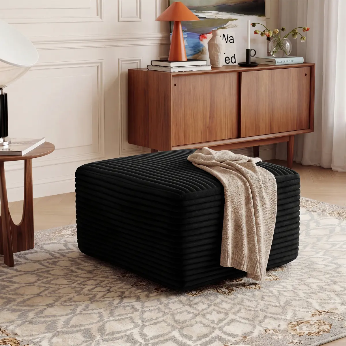 27.6" Ottoman Foot Rest for Couch, Corduroy Square Upholstered Ottoman, Soft Padded Foot Stool for Living Room Bedroom Decor, Black