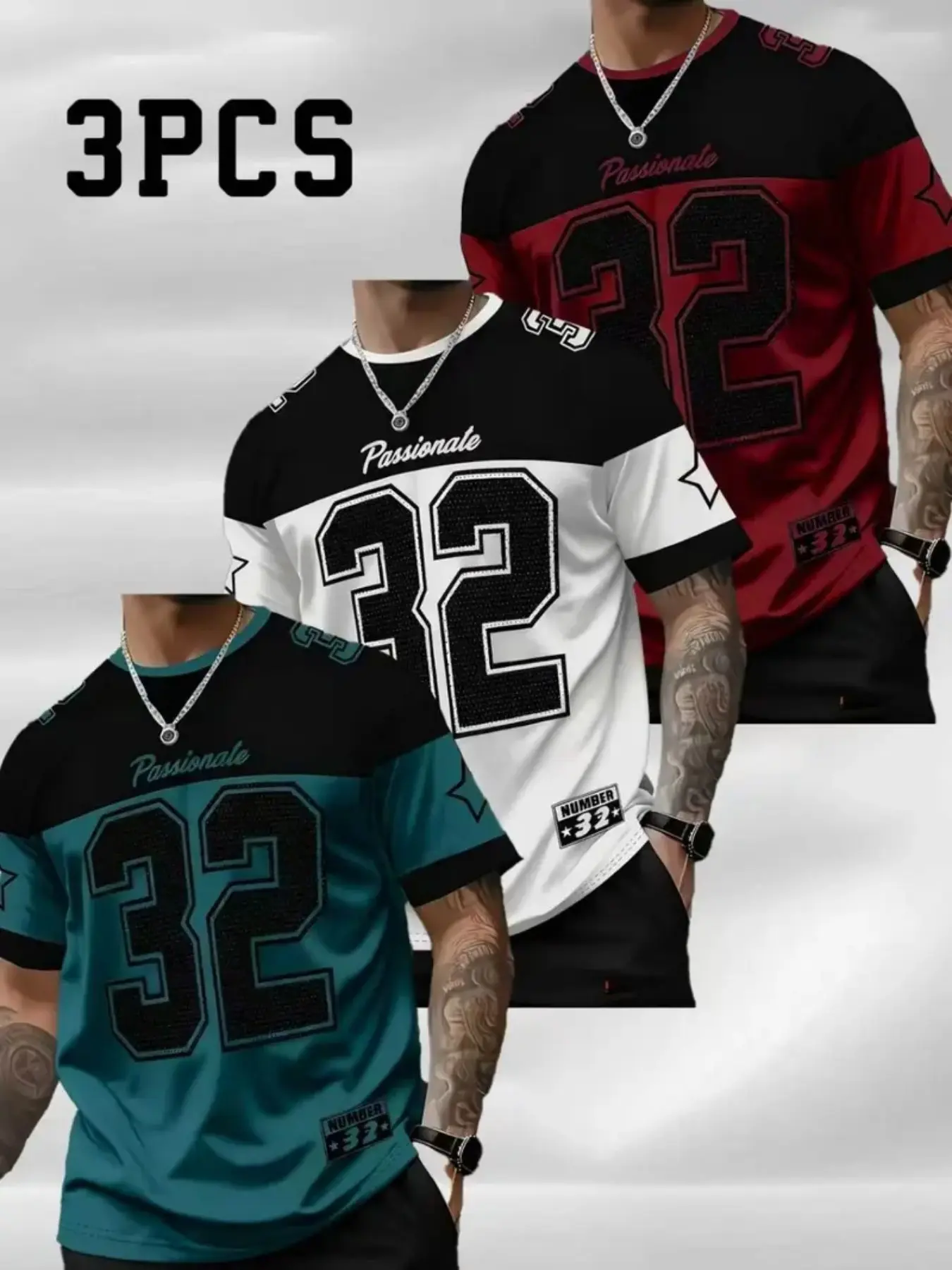 American Vintage Basketball Style Men's Short Sleeve Three-Piece Set, Contrast Color Number 32, Streetwear Fashion Top
