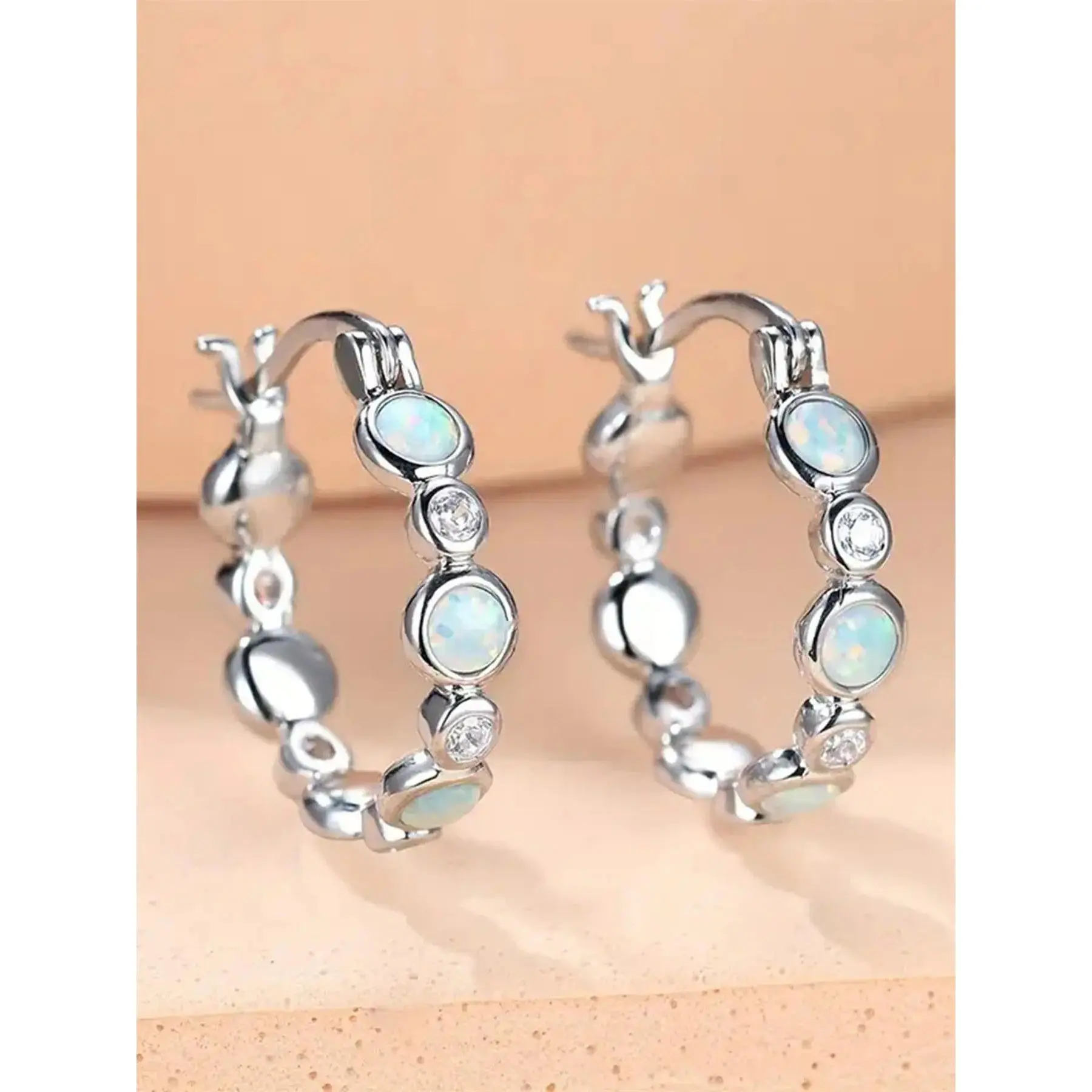 Dainty Hoop Earrings for Adults with Alternating Faux Opal & Crystal Gemstones, Lightweight Copper Jewelry for Everyday Wear, Gemstone, Unisex, 1 Pair