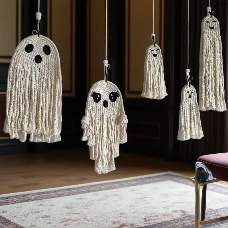 Boho Macrame Ghost Shape Wall Hanging, Handmade Cute Romantic Spooky Cotton Rope Ornament for Halloween Party Home Decor