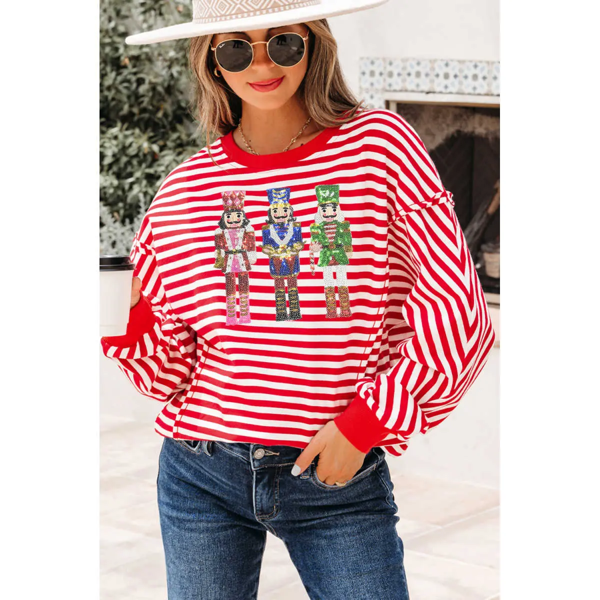 Women's Christmas Nutcracker Sequin Graphic Striped Drop Shoulder Long Sleeve Top Festive Casual Sweatshirt
