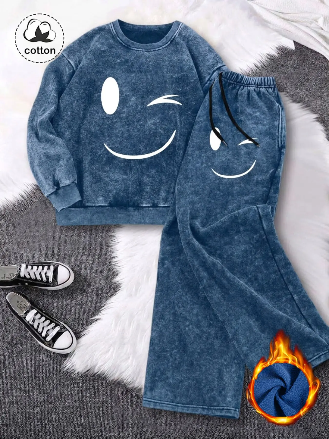 Women's Vintage-Wash Distressed Cotton Loungewear Set – Fleece-Lined Warm Loose Sweatshirt & Pants (Winking Smiley Face) – Casual Homewear & Activewear Two-Piece Set