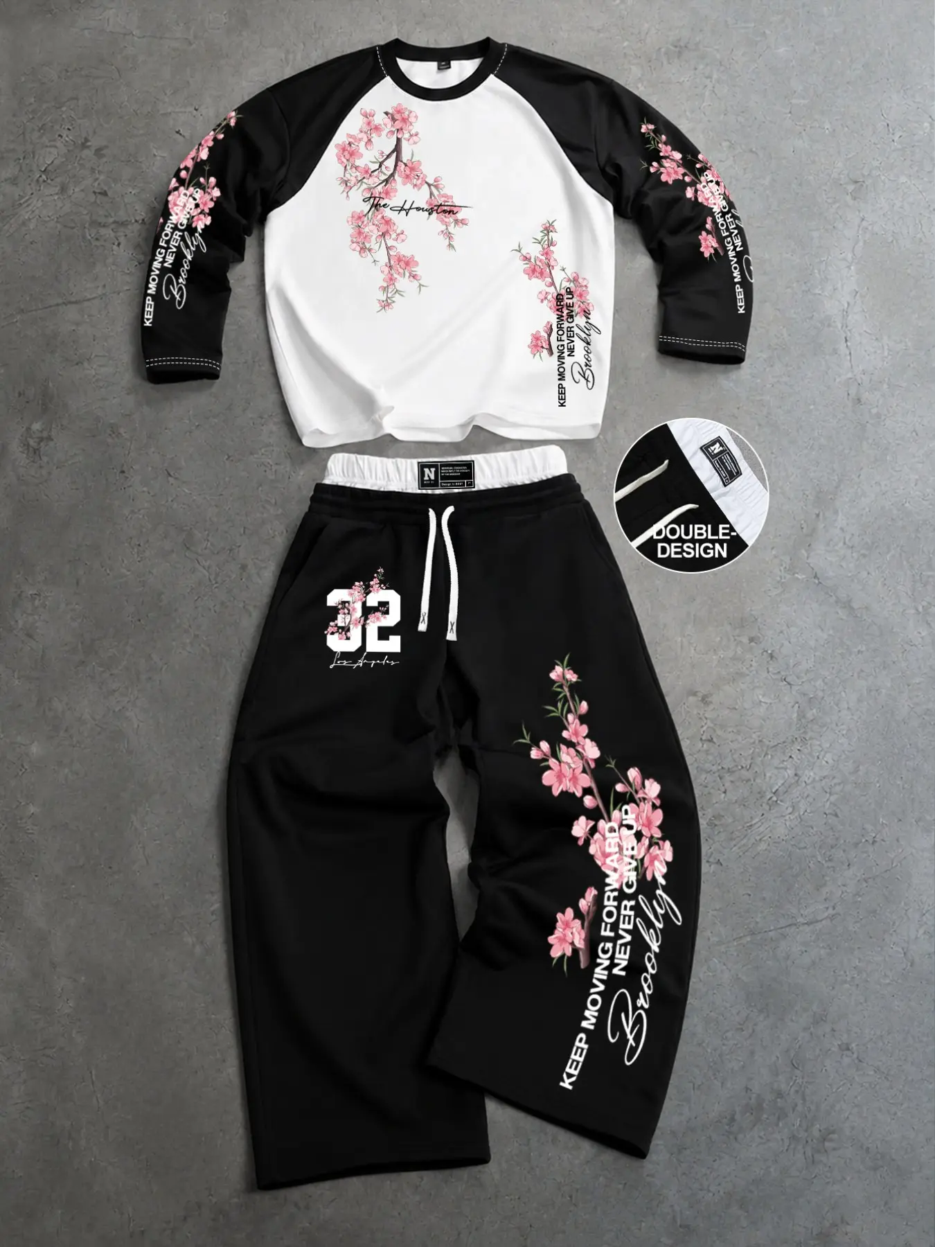 Men's Oversized Streetwear 2 Piece Set Floral Cherry Blossom Graphic Long Sleeve Raglan Tee & Double Waist Wide Leg Sweatpants Tracksuit Set for Casual Daily Outfits