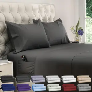 Queen Sheet Set - 4 pcs Breathable Cooling Sheets - up to 21" Extra Deep Pocket Queen Sheets Set with Side Pockets - Extra Soft 100% Brushed Hypoallergenic Hotel Luxury Bedding – Gray