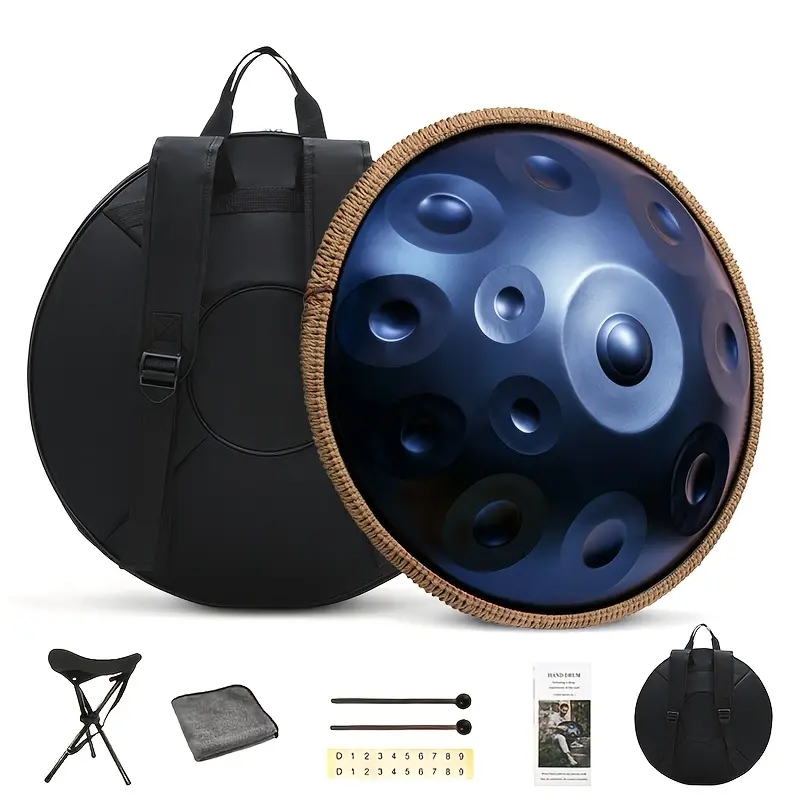 22In Stainless Steel Handpan Drum, 12-Note D Minor Kurd 432Hz Hand-Tuned Steel Tongue Instrument for Adults Yoga Meditation, Gift for Beginners with Soft Bag, Mallets, Stand, Cloth, Sound Stickers, Stainless Steel Pan