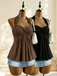 Light Mature Pure Desire Summer Halter Neck Knot Pleated Top, Peplum Hem Conceals Fat Slimming Casual Elegant Women's Sleeveless Camisole Tops Vest Two Pieces Set