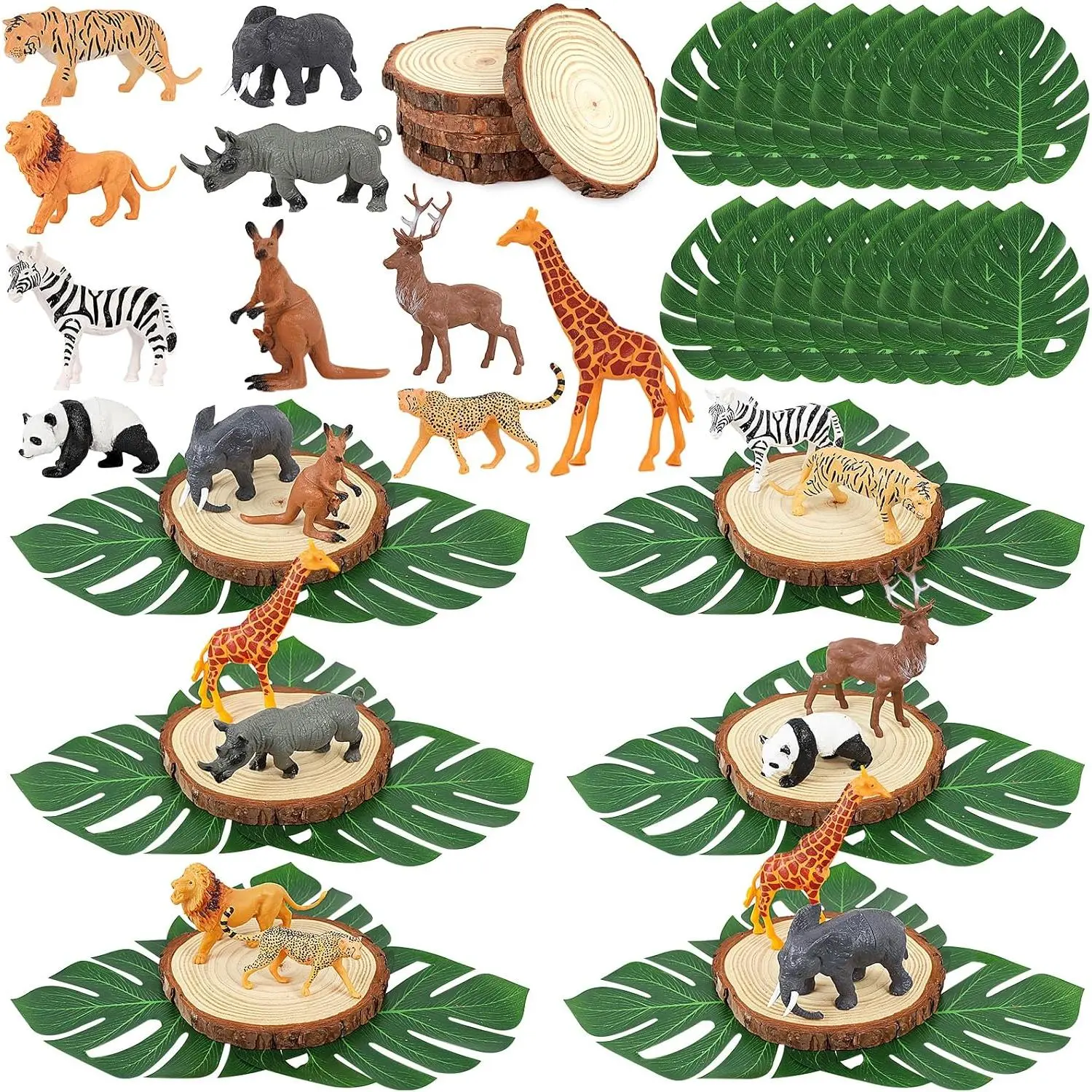 6 Set Safari Jungle Animal Wooden Table Centerpiece, Safari Baby Shower Decorations, 12 Animals Figures 6 Wood Slices 18 Palm Leaves, Wild One Birthday Decorations Party (Classic)