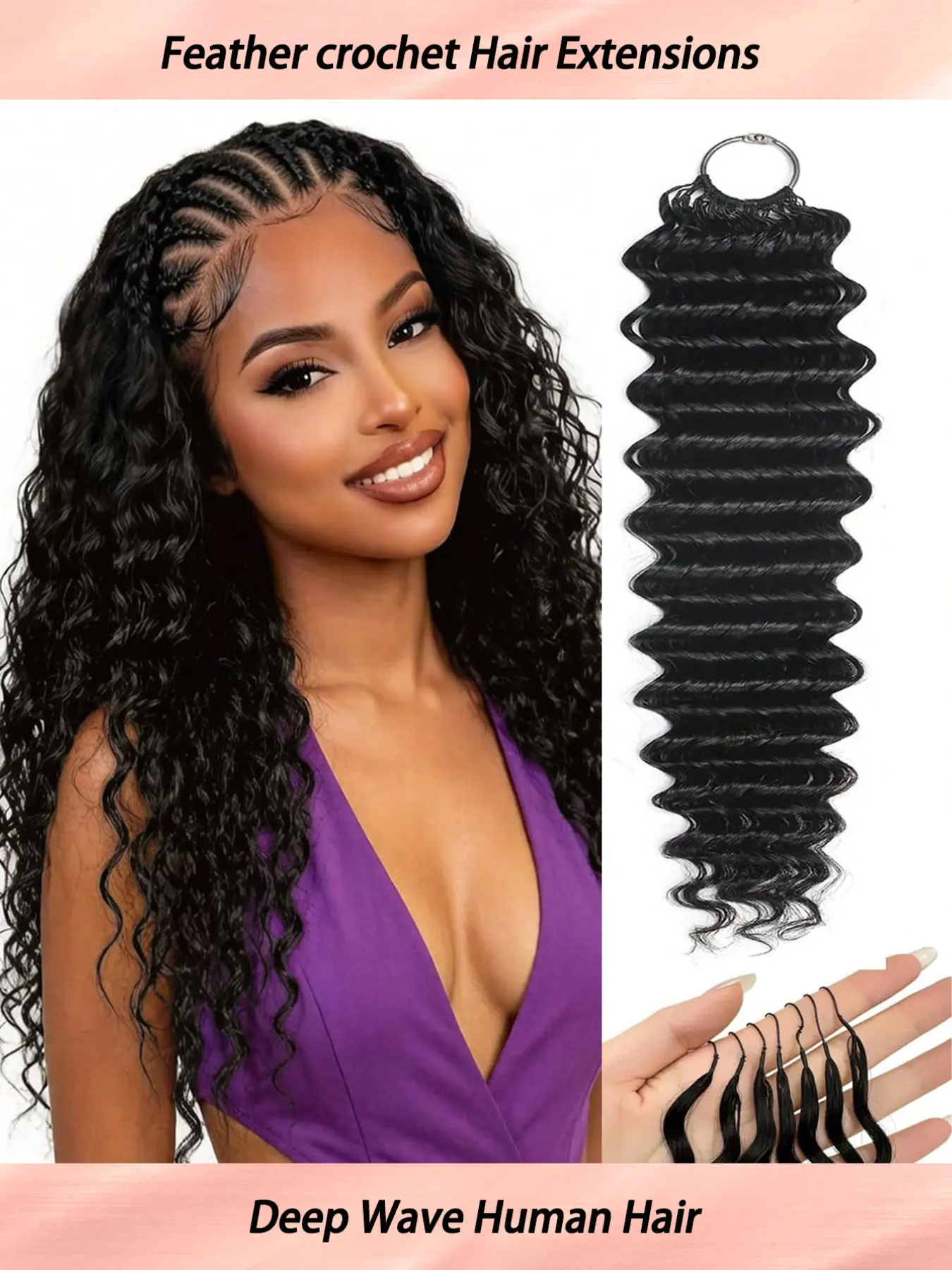 Boho Braids Human Crochet Hair 100% Remy Human Hair Burmese Curly Feather Line Boho Crochet Braids Micro Pre Looped Crochet Deep Wave Human Hair Extensions 14/18/22 Inch