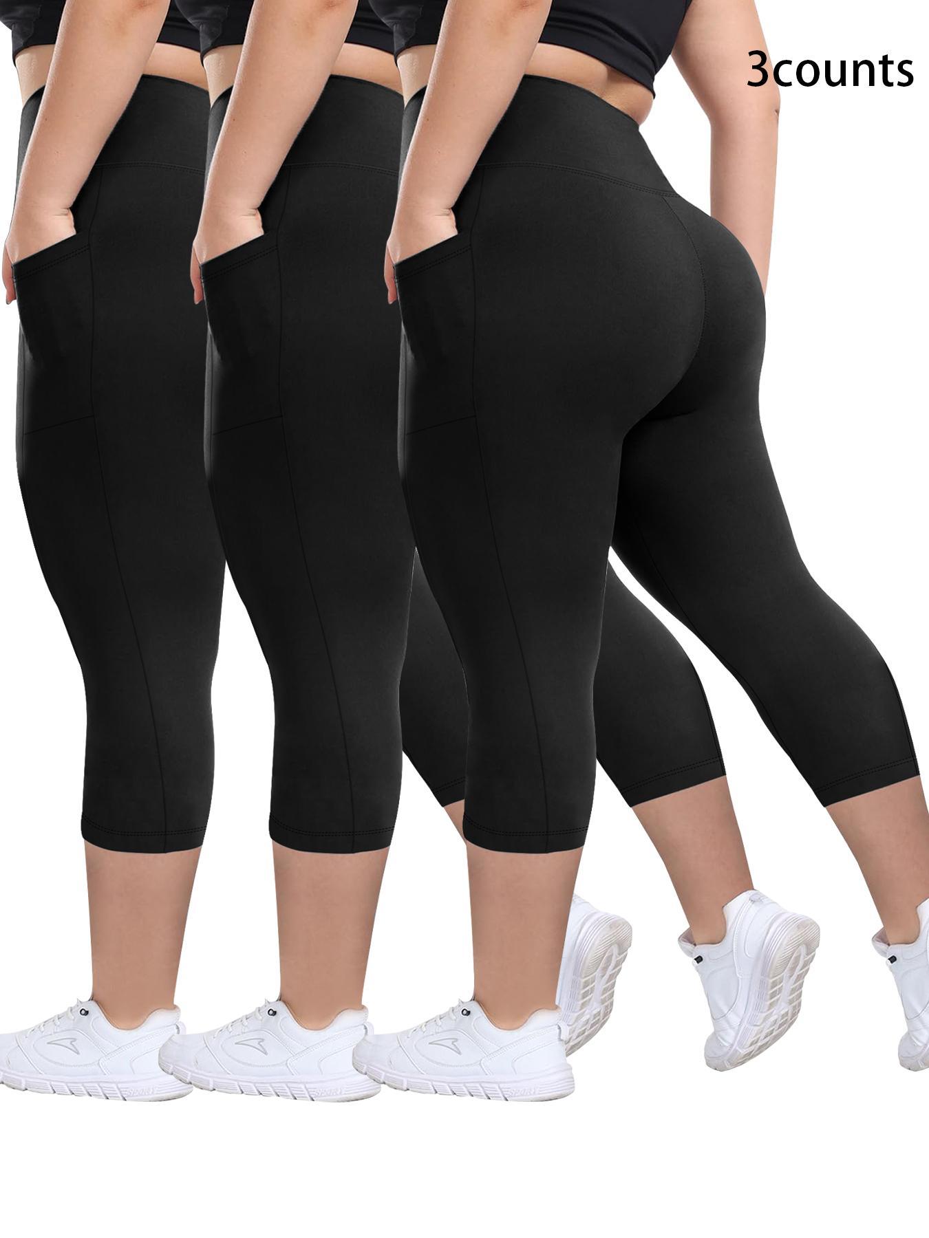 Plus Size Plain Pocket High Waist Capris Leggings, High Stretch Leggings, Casual Comfy Breathable Skinny Capri Pants for Daily Wear, Women's Plus Bottoms for Summer, Workout Clothes