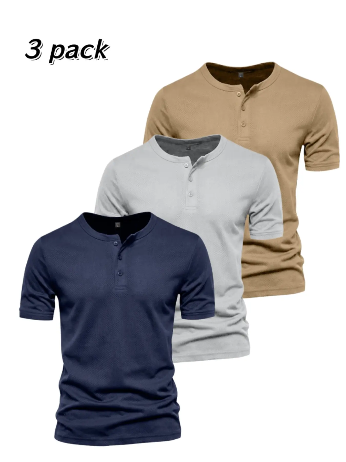 3 Pack Men's Henley Short Sleeve T-Shirts, 4 Button Placket Waffle Knit Tees, Breathable Slim Fit Solid Color Muscle Workout Daily Classic Casual Basic Summer Tops Multipack