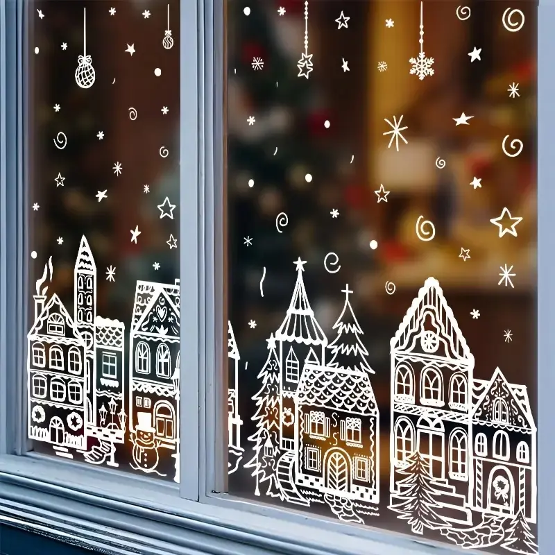 Thanksgiving/Cyber Monday/Christmas/New Year/Valentine’s Gift 🎄 4Pcs Reusable Christmas Window Clings - Snow House & Snowflake Xmas Glass Party Decor