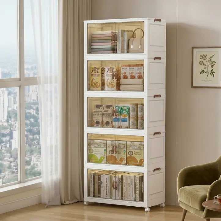 5 Tier Stackable Foldable Storage Cabinet with Clear Doors & Movable Wheels, Large Multifunctional Collapsible Storage Bins Organizer, Shoe Storage Rack for Closet, Bedroom, Living Room, Bathroom, Playroom, Dorm, Office, Entryway campingessentials