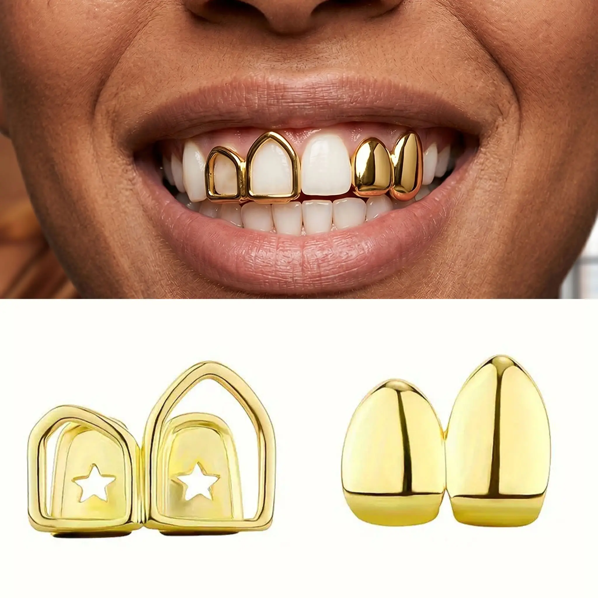 Gold Grillz Set for Men Women - Hip Hop Star Cutout Open Face Teeth Grillz Combo Retro Y2K Streetwear Jewelry Removable Rave Party Cap Body Accessories Gift
