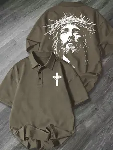 Mens Collared Waffle Knit Polo Shirt Thorn Crown Cross Portrait Graphic Chest & Back Print Faith Themed Casual Short Sleeve Top For Daily Church Urban Relaxed Leisure Outfit
