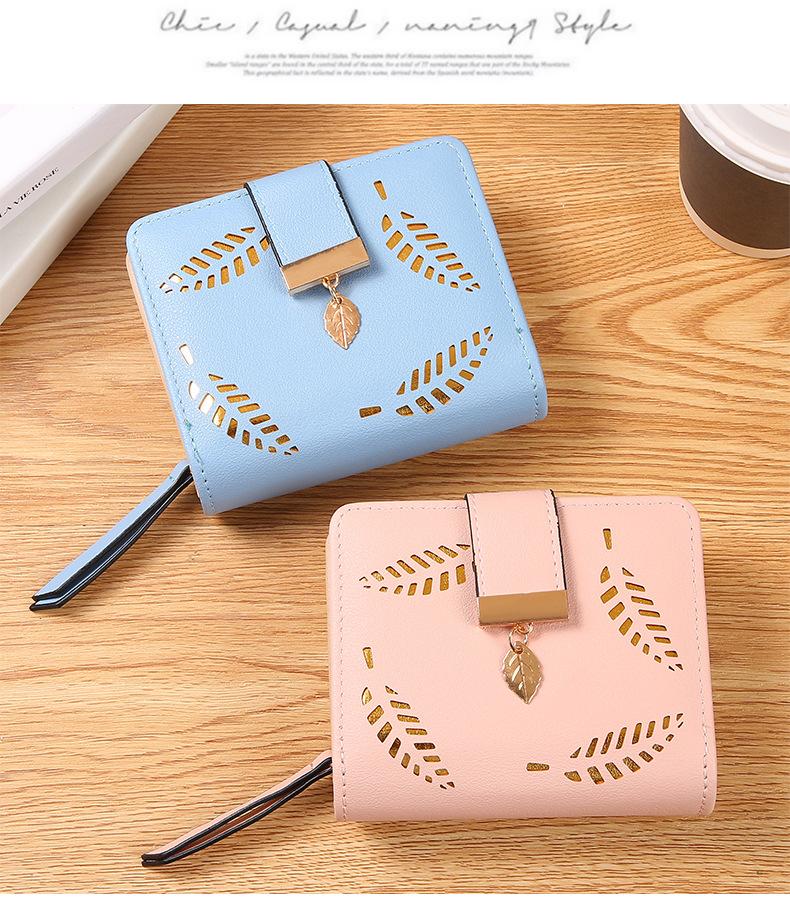 Leaf Short Wallet for Women Korean Style Hollowed Out Fashion Trend Change Zipper Card Bag PUCortical Embossed Leather Daily Matching