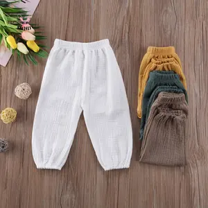 Kids' Basic Cotton-Linen Long Pants, 1 Pants for 6-12m/2-3 Years Toddlers, Loose Harem Bloomers with Elastic Band, Wrinkled Design
