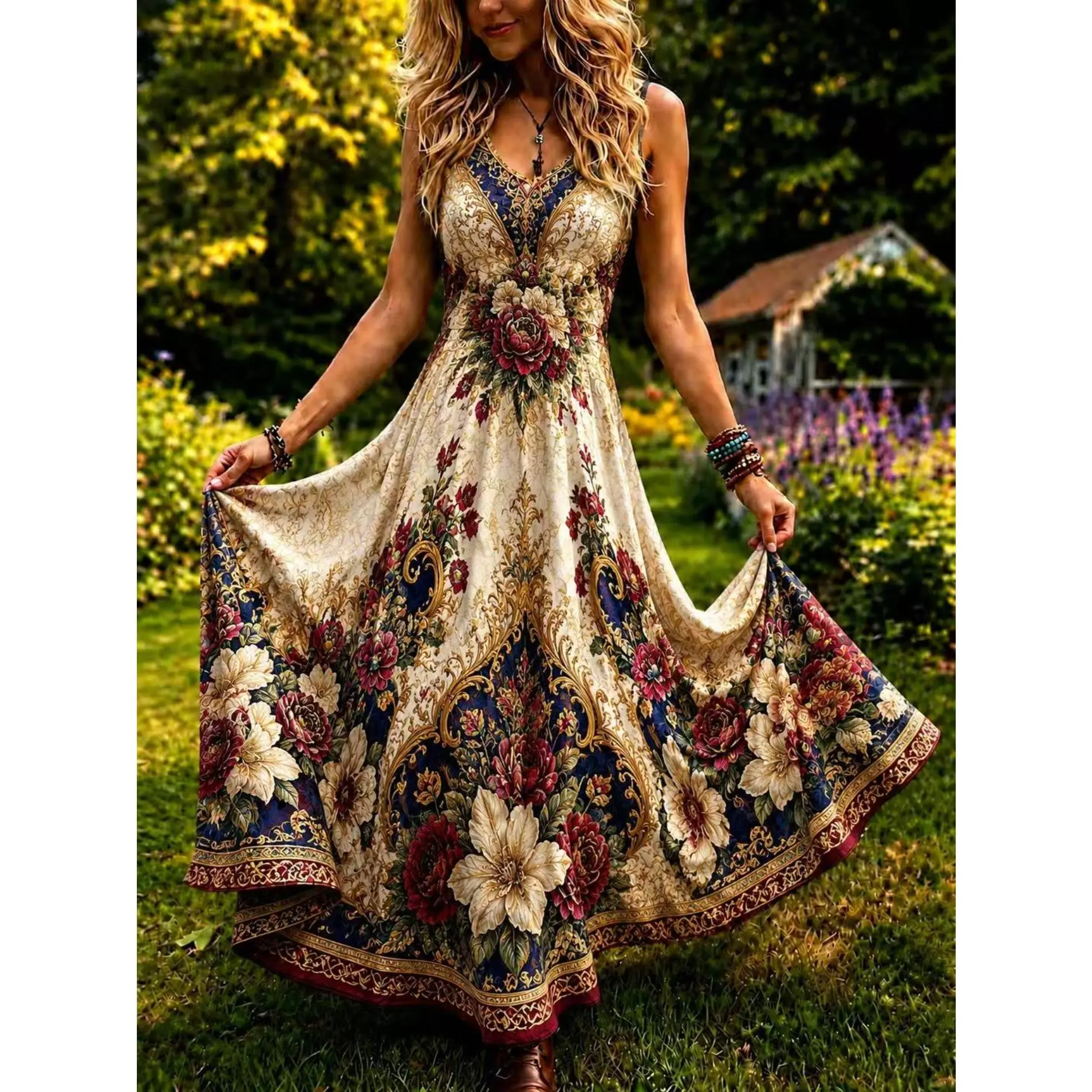 [New] European and American women's retro court style full of long skirts, gold pattern flower pendulum sleeveless suspender skirt, thin and meat-covering summer beach vacation skirt dresses