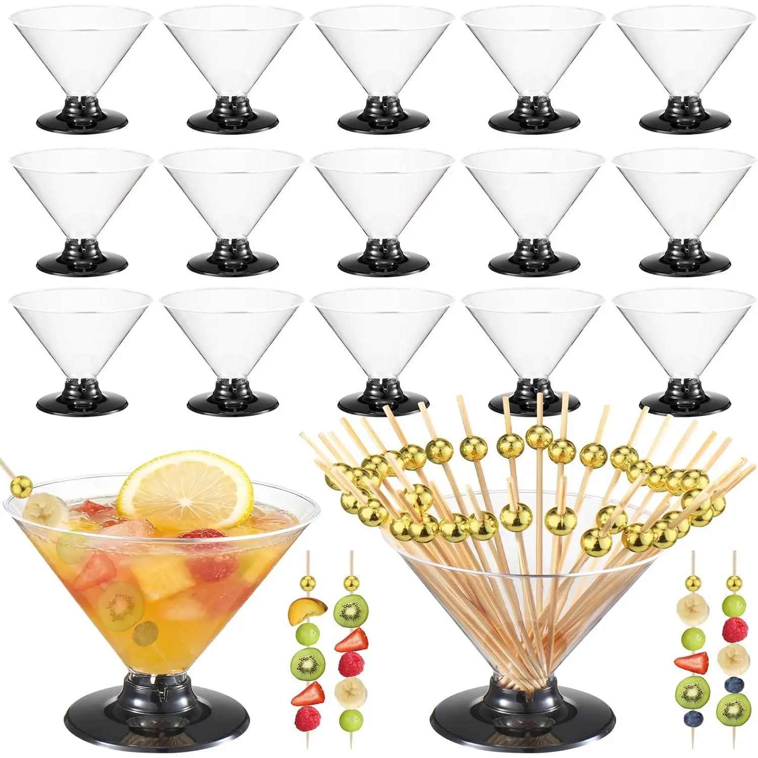 60 count Disposable Plastic Martini Glasses for Parties, 5 Oz  Clear  Cups   Picks for Wedding Party Bowl  Ice Cream Fruit Bars Appetizers