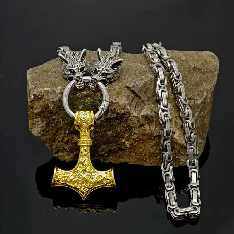 A unique men's Nordic vintage-style Viking hammer amulet necklace | Decorated with a silver Cuban chain in the shape of a wolf head, it effortlessly enhances your masculinity. saturn letter charm hip hop name plate twist little star book pendant necklace