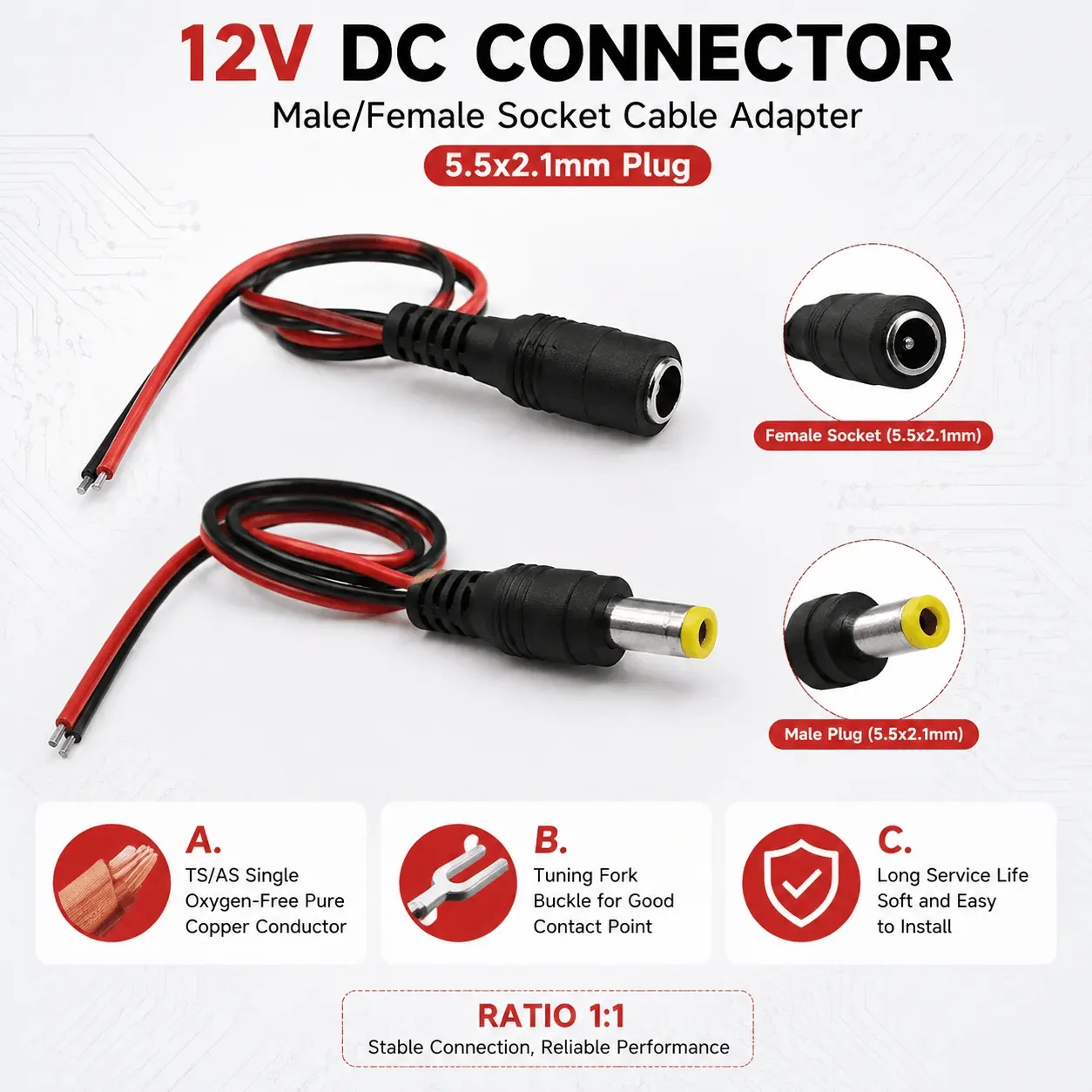 5.5x2.1mm DC Power Connector Kit for LED Strips, LED Light Strip Connectors, CCTV Cameras - Male to Female Plug Cables, Adapters, Electrical Tools - 5/20/50 Pcs Options