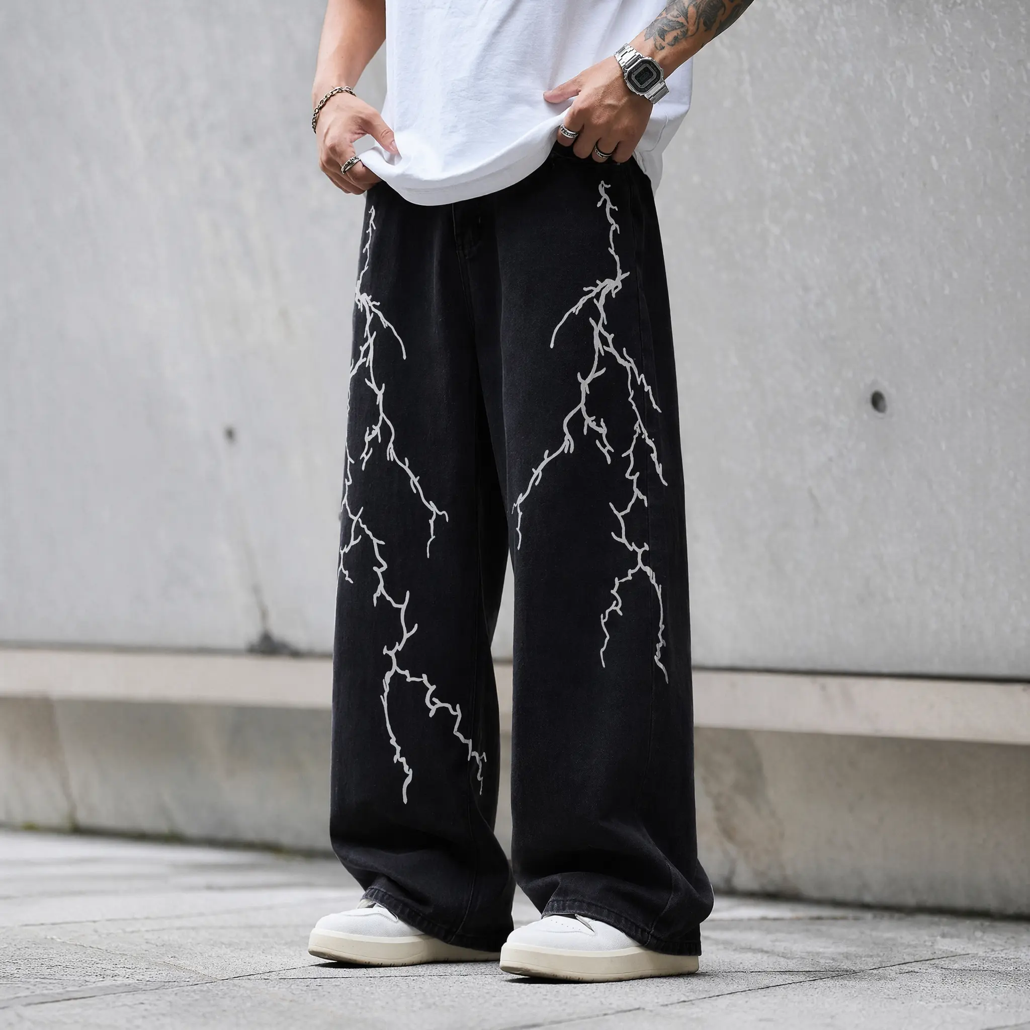 Y2K Lightning Crack Graphic Black Jeans Regular Loose Fit Streetwear Denim Pants for Men Women Vintage Washed Straight Fit Hip Hop Casual Fashion Trousers White Print Aesthetic Outfit Pants