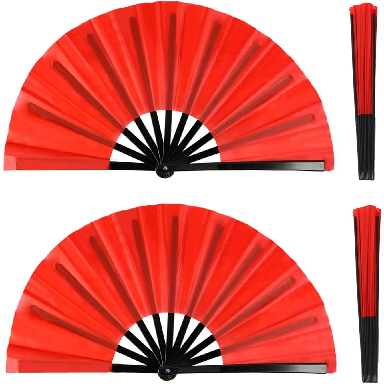2 Pack Large Folding Hand Fan for Men/Women,  Fan Chinese Kung Fu Tai  Hand Fan Black  Foldable Hand Fans for Dancing, Festival, ,  Decorations(Red)