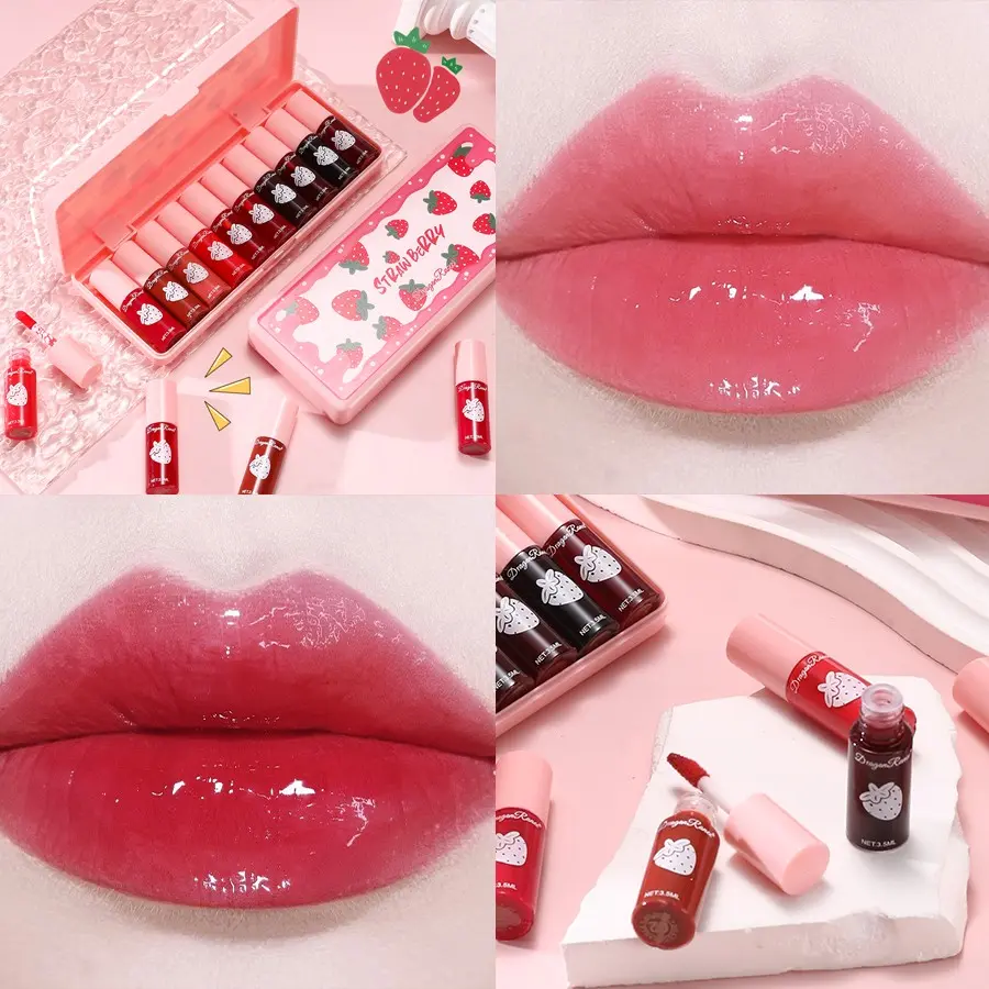 Strawberry Dyed Velvet Lipstick Set, Long Lasting Hydrating Liquid Lip Gloss, Moisturizing Lip Stain, Suitable for All Occasions Lip Makeup, Girls and Women Makeup Accessories, Hyaluronic Lipgloss
