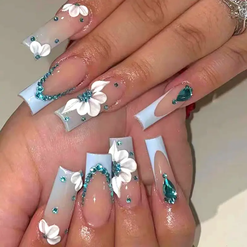 24-Piece Long Transparent Artificial Nails Set, Trending Summer Shimmer Rhinestone Design, Glossy Finish, Bright Skin Tone-Boosting, Easy-Apply Reusable Manicure for Dating, Casual Daily Use, 24 Pieces