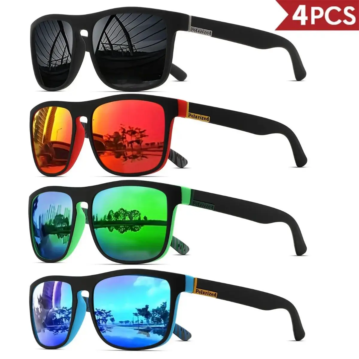 Unisex Classic Square Sunglasses 4-Pack, Lightweight PC Frame with Polarized Lens & UV400 Shield for Sports & Cycling, Eye Protection, Cycling Wear, Sunglasses For Women, Men's Sunglasses