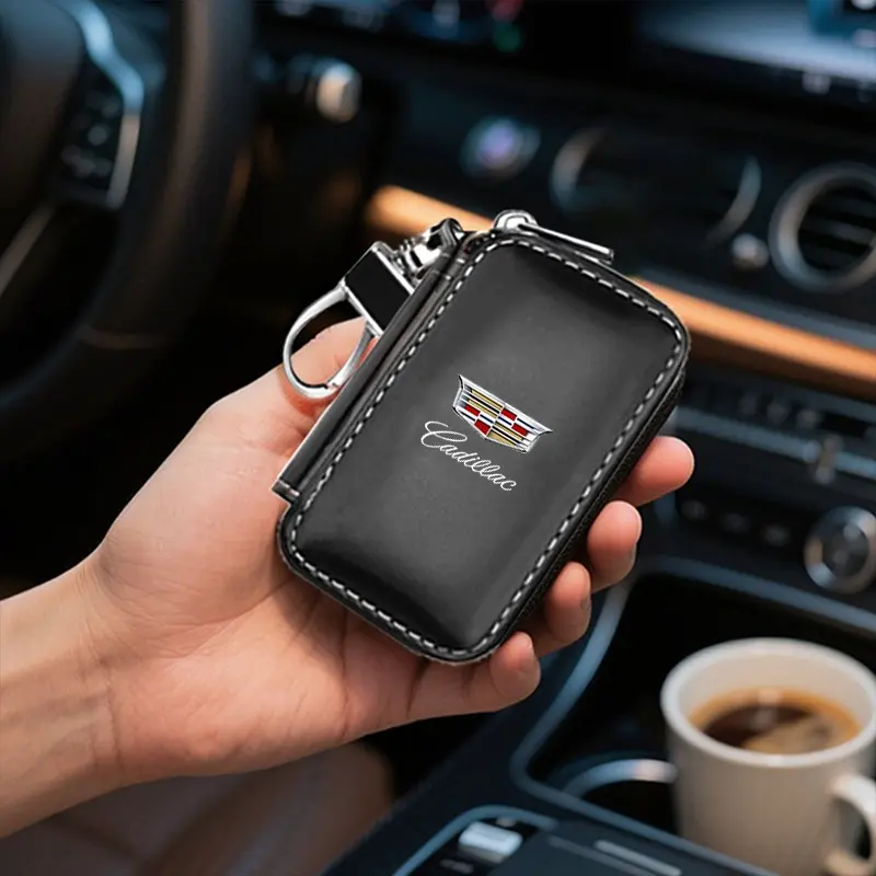 Leather Square Zip Key Pouch, Car Key Bag, Two Colors, Durable Hook, Portable Scratch-Resistant, for Cadillac Models, Car Accessories