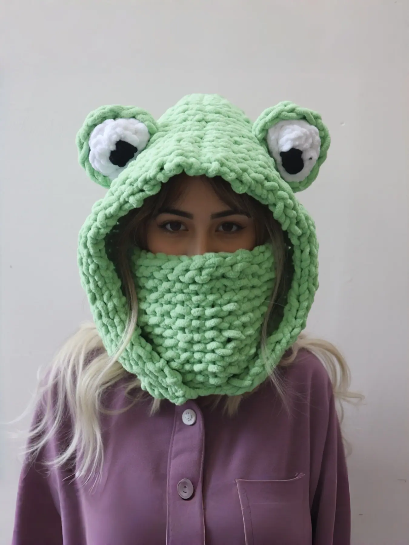 Cartoon Frog Knit Beanie, Thick Cozy Winter Hat with Face Mask, Unisex Fall & Winter Warm Hat, Pullover Style, Trendy Atmosphere Cap