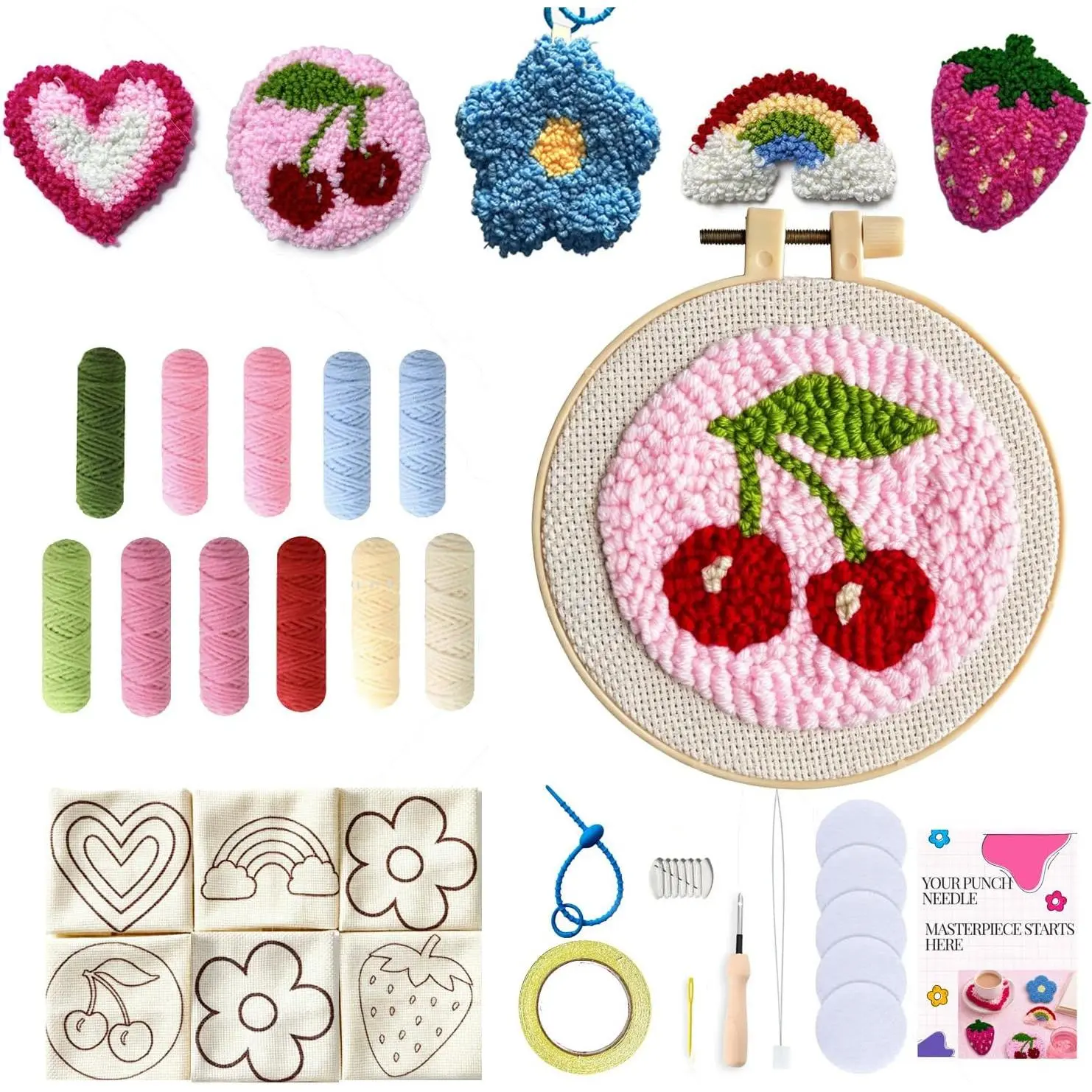 Punch  Kit for Adult Beginners, 3-4"  Punch Coaster & Bag Charm Starter Set, DIY Embroidery Crafts with  Monk's Cloth, Extra Yarn & Video Tutorial,   , 5 Projects