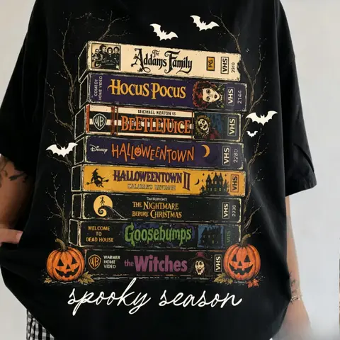 Vintage Horror Graphic Halloween T-Shirt - Multi-Size Movie Stack Art Round Neck Top, Casual Halloween Wear for Horror Film Lovers, Sports & Outdoor Clothing