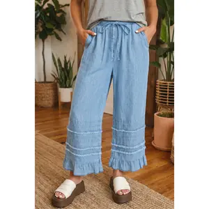 Women's Beau Blue Feminine Ruffled Hem Wide Leg Lightweight Cotton Chambray Everyday Bottom Pants