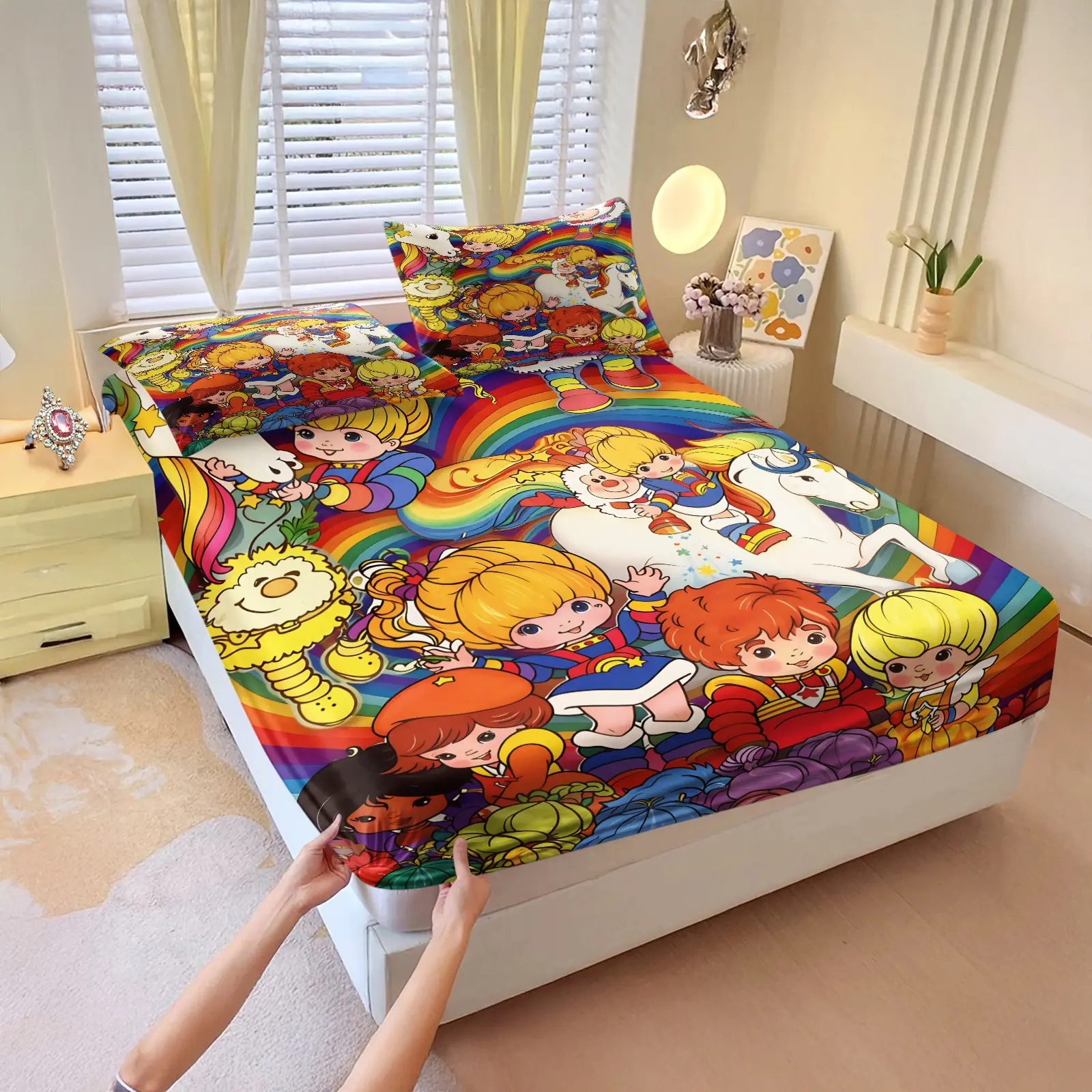 3Pcs Vintage Rainbow Brite Cartoon Fitted Sheet Set No Fillers, Retro 80s Rainbow Unicorn Character Print Bed Sheet Set, Nostalgic Colorful Bedding Set with Pillowcases, Deep Pocket Bedding for Girls Teens Kids Bedroom Dorm Apartment