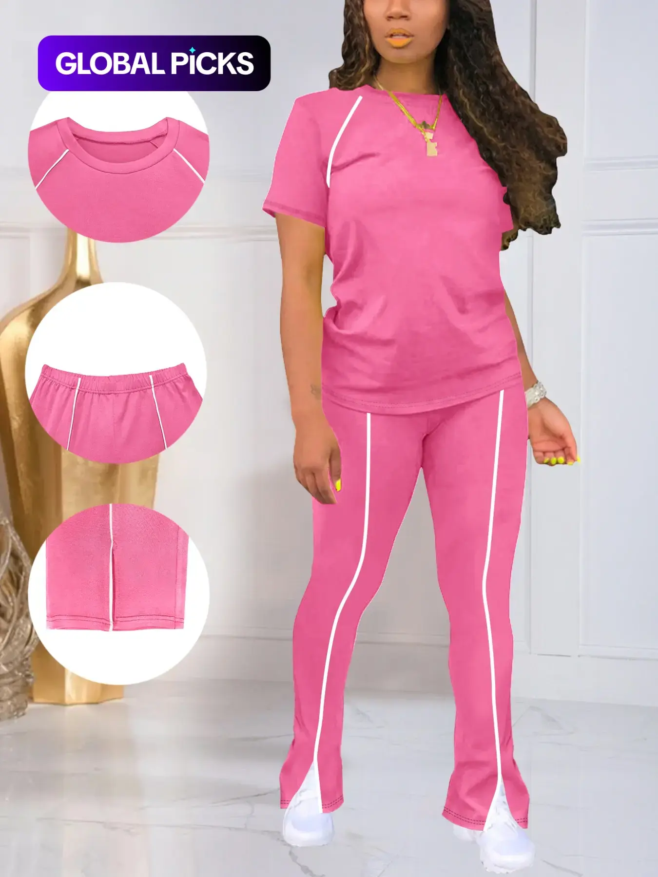 Summer Fashion New Basic Everyday Round Neck Short Sleeve Fitted Solid Top & Long Pants Set, Women's Two-Piece Set Outfit Womenswear