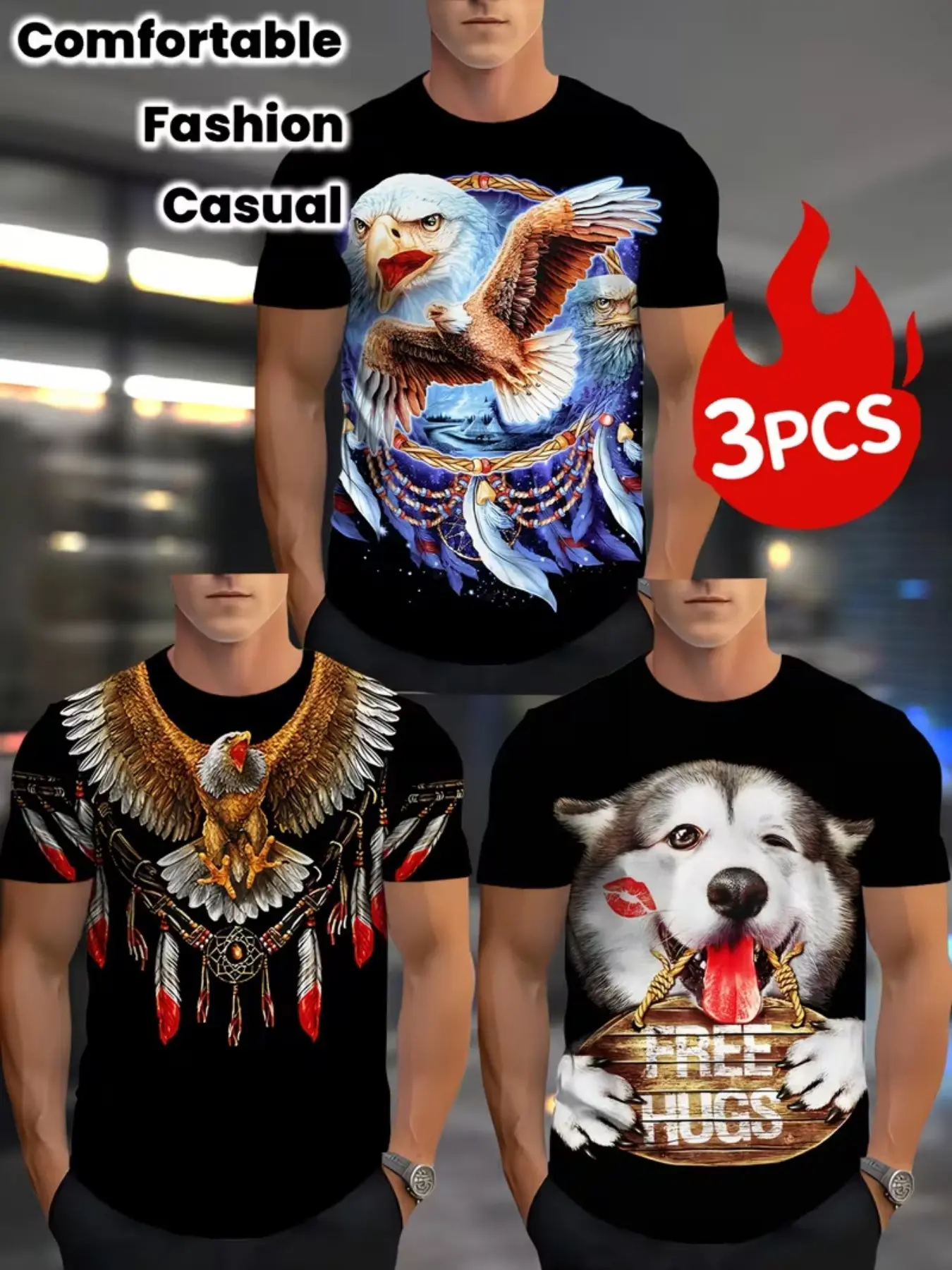 Men's Round Neck Short Sleeve Three-Piece Set, Vintage Eagle & Fun Husky Print, Fitted H-Type, Casual All-Season Wear, Trendy Travel