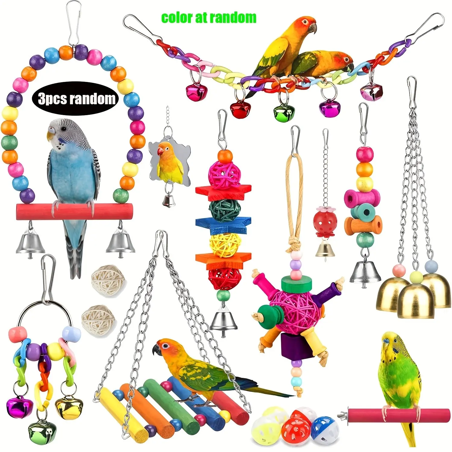 Parakeet Cockatiel Bird Toys, Parrots Cage Accessories, Swing Wooden Perch Chewing Toy, for Budgerigar, Conures, Love Birds, Finches, Budgies