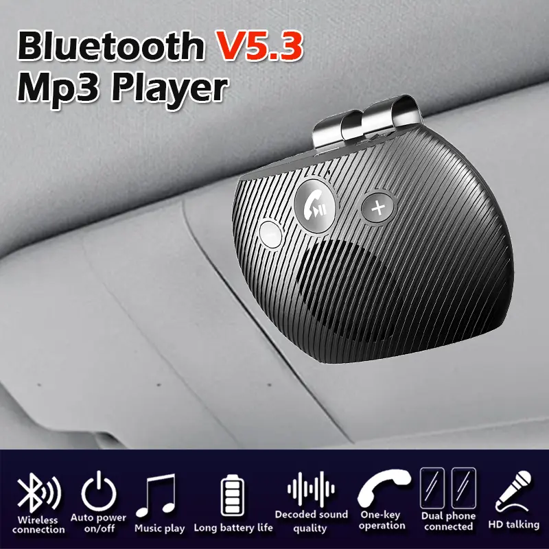Clip-On Bluetooth 5.0 Car Speakerphone for Sun Visor, Compact Handsfree Receiver with Noise Cancelling and Dual Phone Sync, 2W Speakers, In-Car Calls