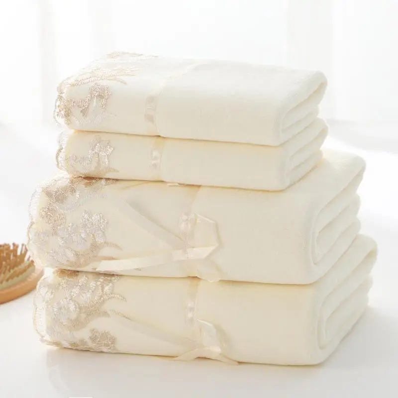 4-piece lace embroidered towel set, soft hand towel bath towel, bathroom bath towel set, bathroom absorbent towel, 2 bathroom towels and 2 hand towels, perfect Christmas home bathroom supplies