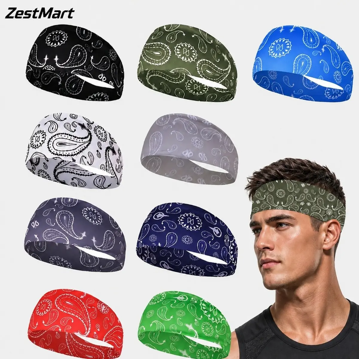 ZestMart Classic Paisley Bandana Print Headbands, Non Slip Moisture Wicking Wide Sports Headbands, Stretchable Unisex Boho Head Wraps for Running Yoga Gym Music Festival Daily Wear Men Women,sports hair accessories,summer workout accessories